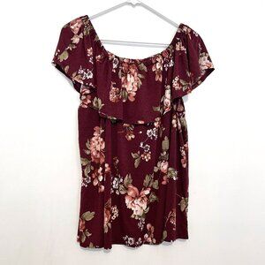 LAVISH Plus Size Burgundy Maroon Red Floral Off the Shoulder Boho Blouse JUNIORS